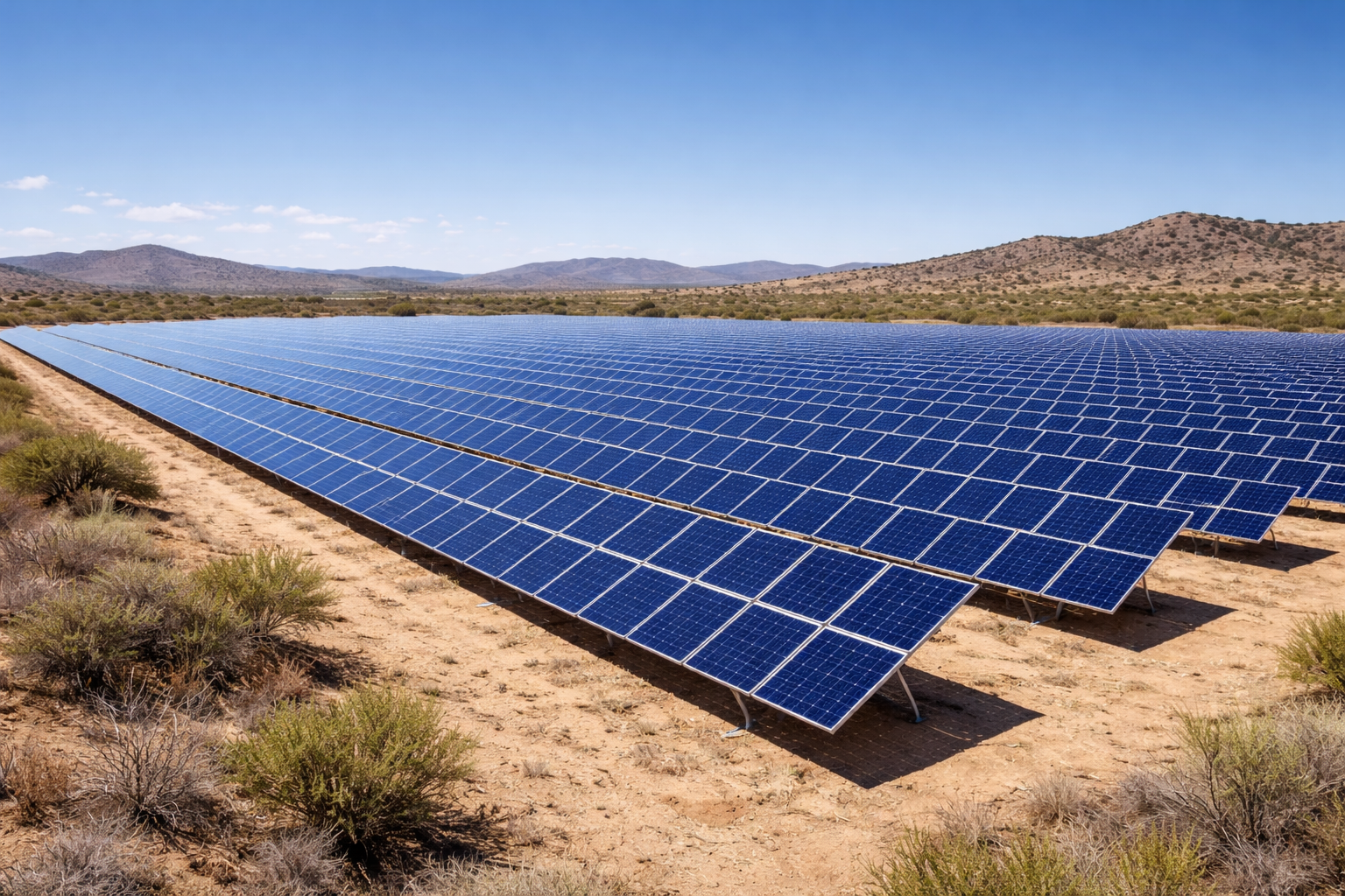 Solar panel farm in arid landscape